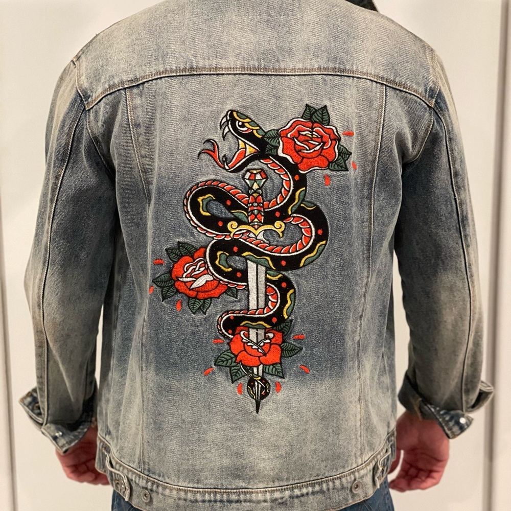 Embroidered Denim Jacket with Snake and Rose Design